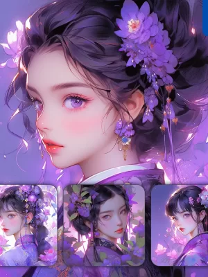 Midjourney Prompt Purple Chinese Beautiful Asian Woman Girl Lady Face Portrait Flower Animation Cartoon Painting