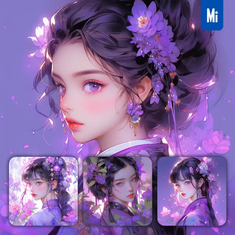midjourney prompt purple Chinese beautiful Asian woman girl lady face portrait flower animation cartoon painting