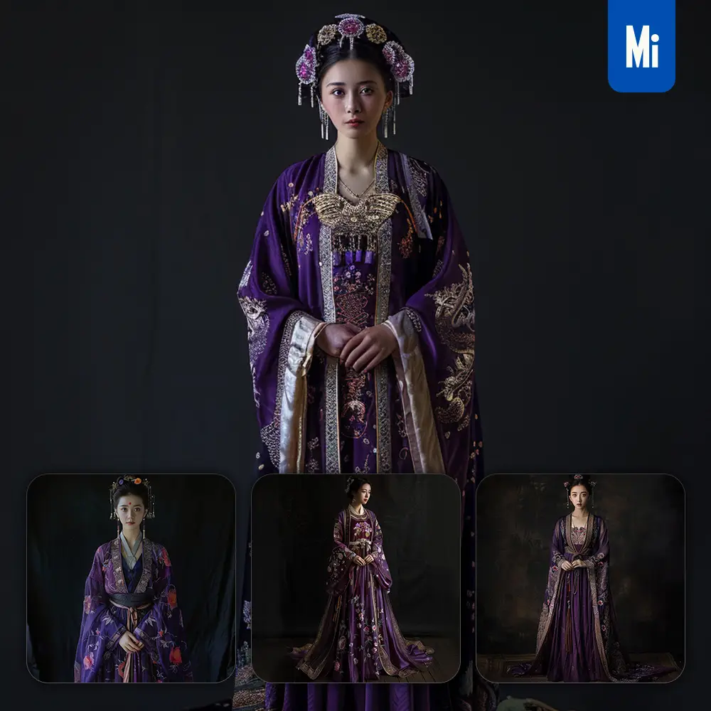 Midjourney Prompt Purple Chinese Gown Princess Infanta Woman Lady Girl Standing Photography