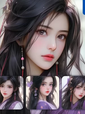 Midjourney Prompt Purple Beautiful Asian Woman Girl Lady Face Portrait Animation Cartoon Painting