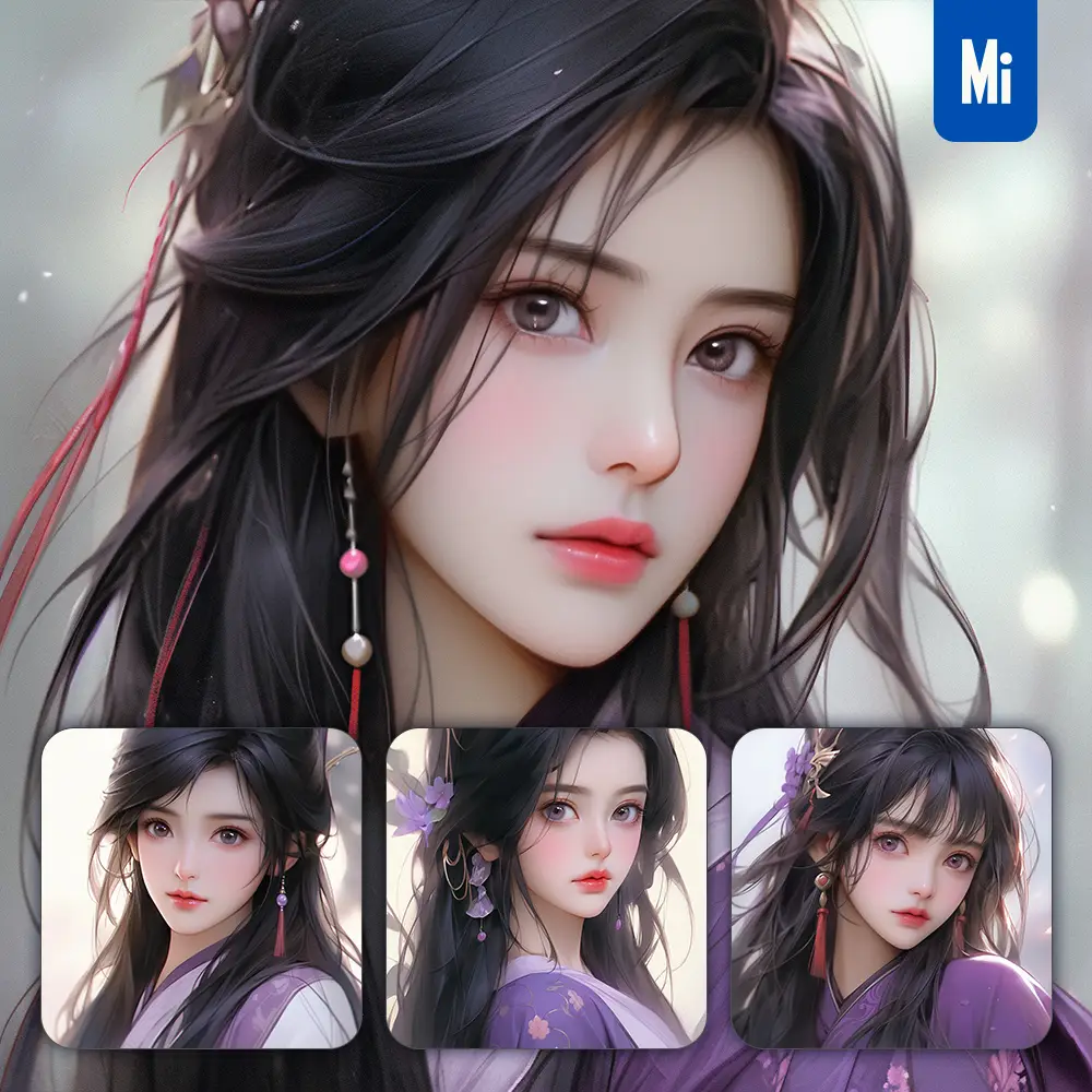 midjourney prompt purple beautiful Asian woman girl lady face portrait animation cartoon painting