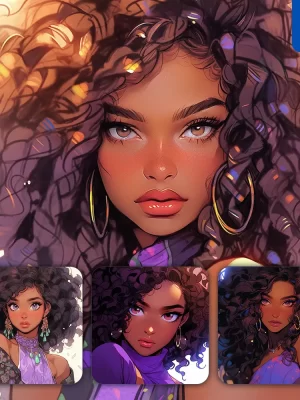 Midjourney Prompt Purple Woman African Girl Lady Portrait Dress Comics Animation Cartoon Painting