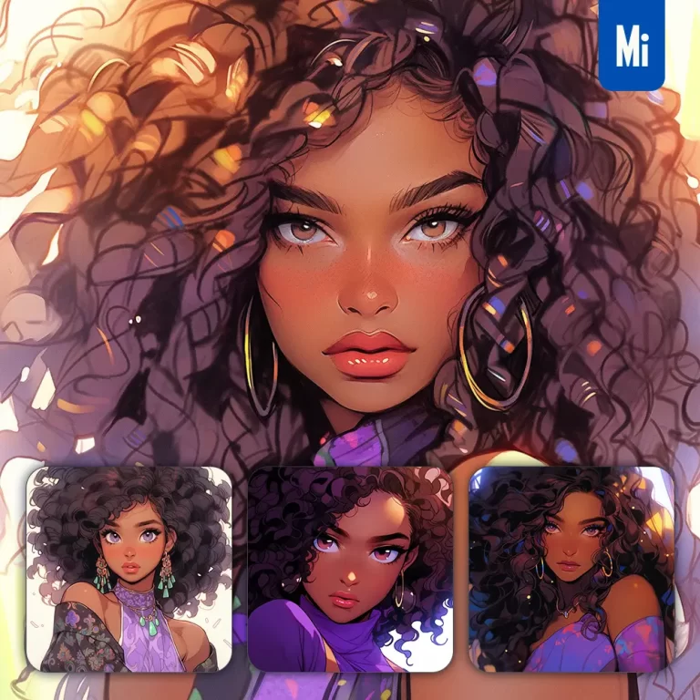 midjourney prompt purple woman African girl lady portrait dress comic animation cartoon painting