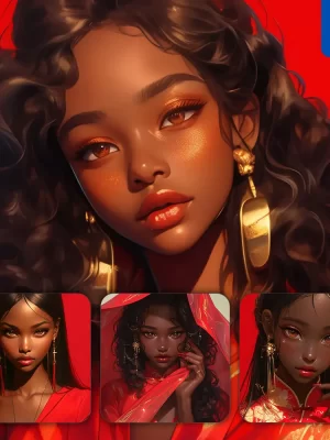 Midjourney Prompt Red African Beautiful Woman Girl Lady Face Portrait Animation Cartoon