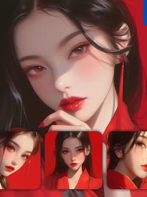 Midjourney Prompt Red Asian Japanese Beautiful Woman Girl Lady Face Portrait Animation Cartoon