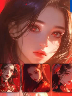 Midjourney Prompt Red Chinese Asian Beautiful Woman Girl Lady Face Portrait Animation Cartoon Painting