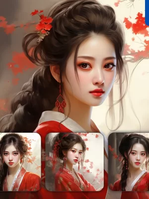 Midjourney Prompt Red Chinese Beautiful Asian Woman Girl Lady Face Portrait Animation Cartoon Oil Painting