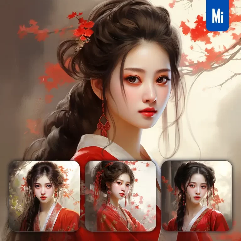 midjourney prompt red Chinese beautiful Asian woman girl lady face portrait animation cartoon oil painting