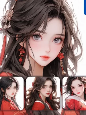Midjourney Prompt Red Chinese Beautiful Asian Woman Girl Lady Face Portrait Animation Cartoon Painting