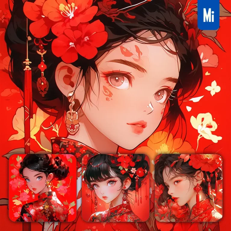 midjourney prompt red Chinese beautiful Asian woman girl lady face portrait flower animation cartoon painting