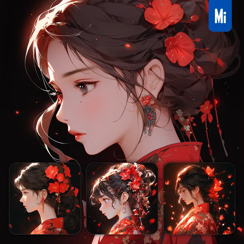 midjourney prompt red Chinese beautiful Asian woman girl lady face side portrait flower animation cartoon painting