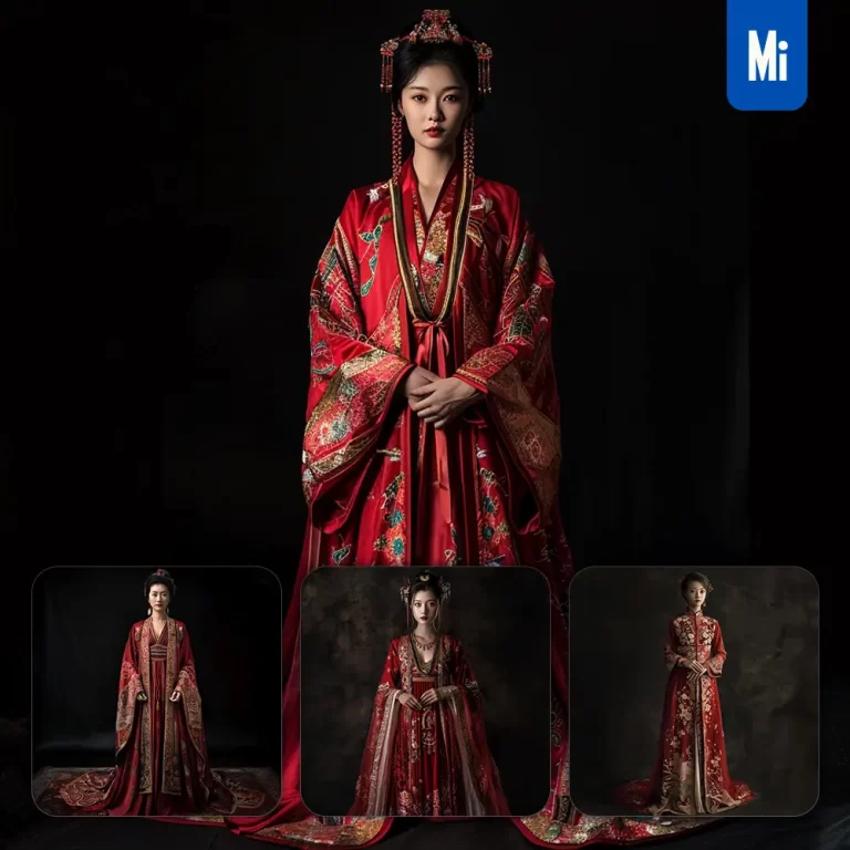 midjourney prompt red Chinese gown princess infanta woman lady girl standing photography