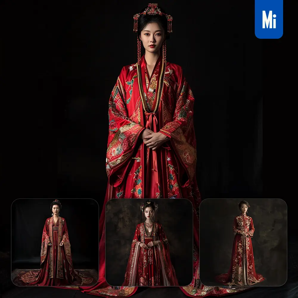 Midjourney Prompt Red Chinese Gown Princess Infanta Woman Lady Girl Standing Photography