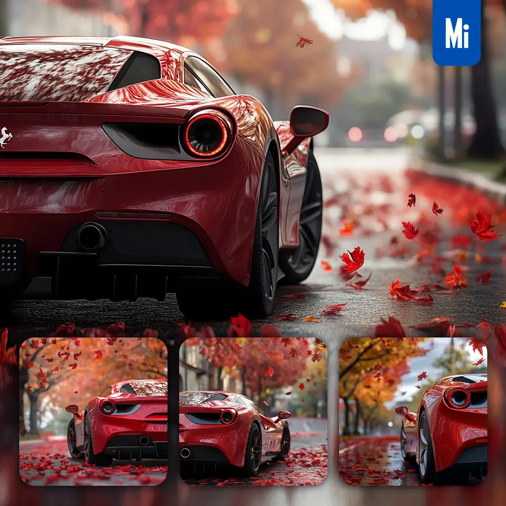 midjourney prompt red Ferrari autumn fallen leaves maple tree street road photography