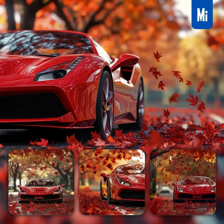 midjourney prompt red Ferrari front autumn fallen leaves maple tree street road photography