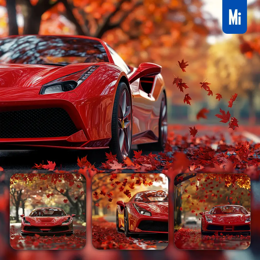 midjourney prompt red Ferrari front autumn fallen leaves maple tree street road photography