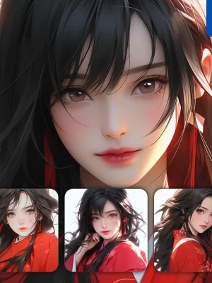 Midjourney Prompt Red Japanese Beautiful Geisha Asian Woman Girl Lady Face Portrait Animation Cartoon Painting
