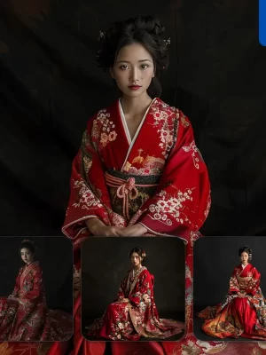 Midjourney Prompt Red Japanese Gown Princess Infanta Woman Lady Girl Sitting Portrait Photography