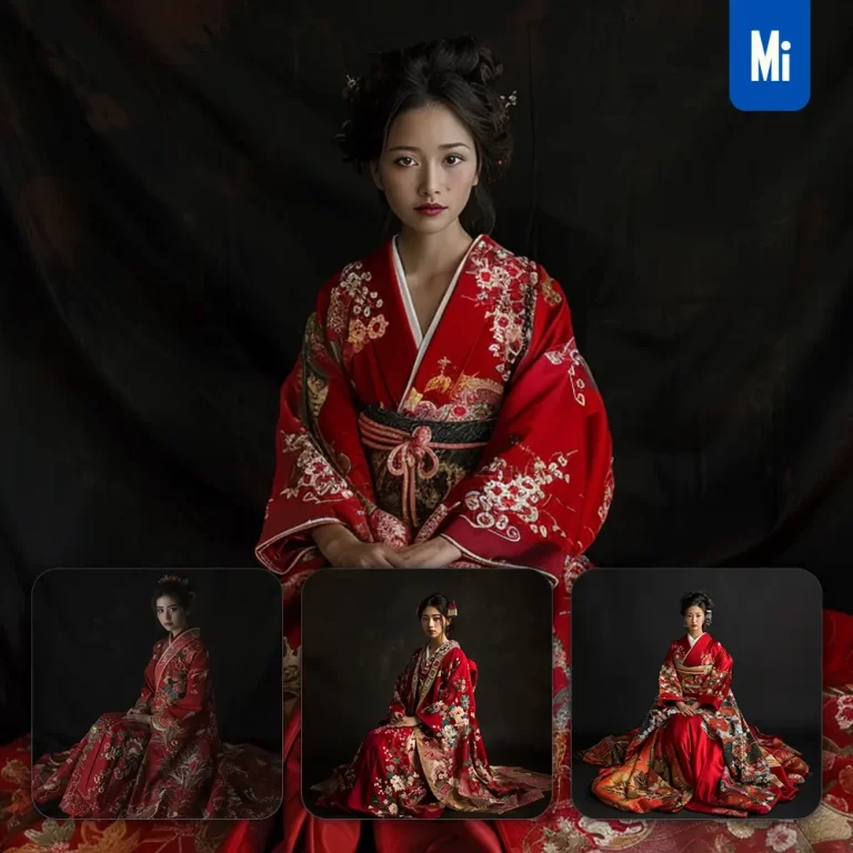 midjourney prompt red Japanese gown princess infanta woman lady girl sitting portrait photography