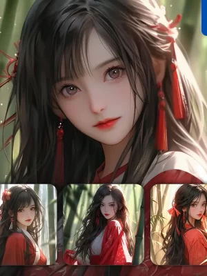 Midjourney Prompt Red Bamboo Chinese Beautiful Geisha Asian Woman Girl Lady Face Portrait Animation Cartoon Painting