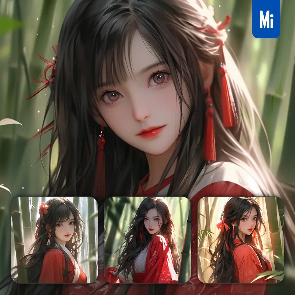 Midjourney Prompt Red Bamboo Chinese Beautiful Geisha Asian Woman Girl Lady Face Portrait Animation Cartoon Painting