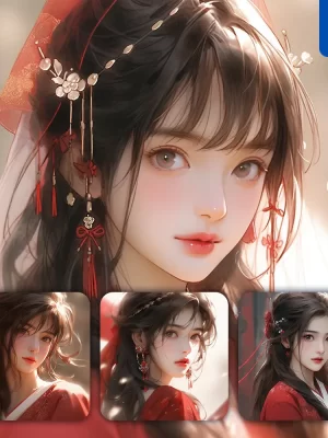 Midjourney Prompt Red Beautiful Asian Woman Girl Lady Face Portrait Animation Cartoon Painting