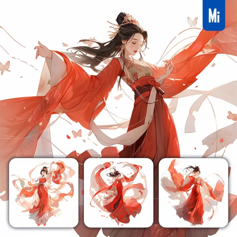 midjourney prompt red beautiful Chinese girl lady woman dance portrait animation cartoon painting