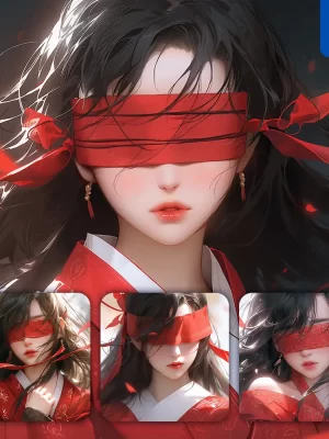 Midjourney Prompt Red Blindfolded Beautiful Woman Girl Lady Face Portrait Animation Cartoon