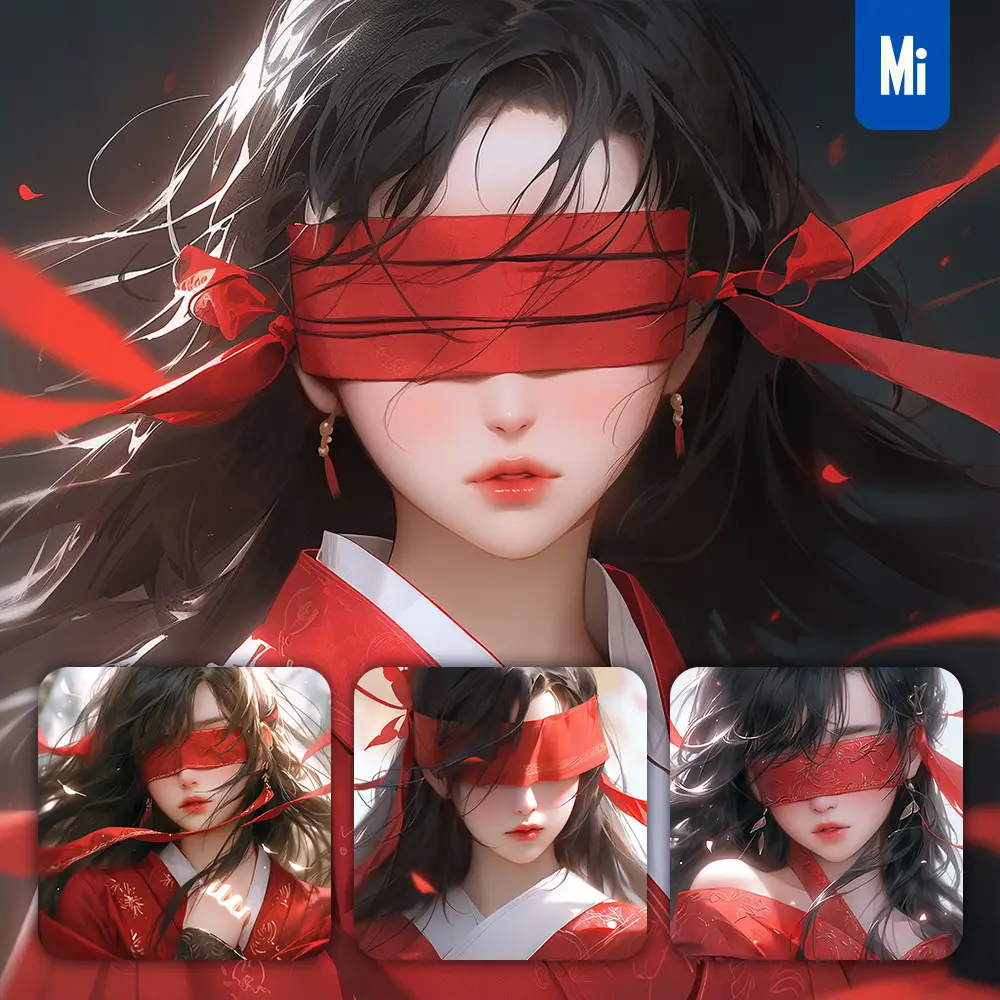 midjourney prompt red blindfolded beautiful woman girl lady face portrait animation cartoon