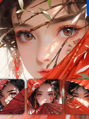 Midjourney Prompt Red Fairy Fan Eyes Chinese Beautiful Asian Woman Girl Lady Face Portrait Animation Cartoon Painting