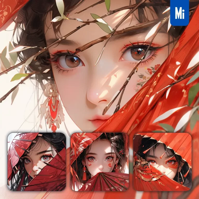 midjourney prompt red fairy fan eyes Chinese beautiful Asian woman girl lady face portrait animation cartoon painting