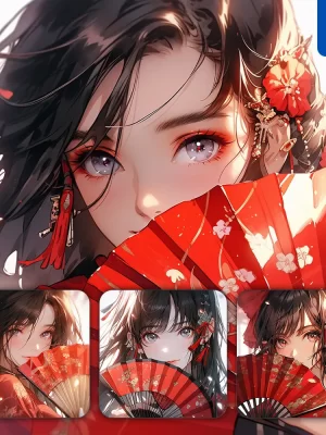 Midjourney Prompt Red Fun Beautiful Asian Woman Girl Lady Face Portrait Animation Cartoon Painting