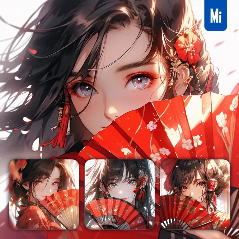 midjourney prompt red fan beautiful Asian woman girl lady face portrait animation cartoon painting