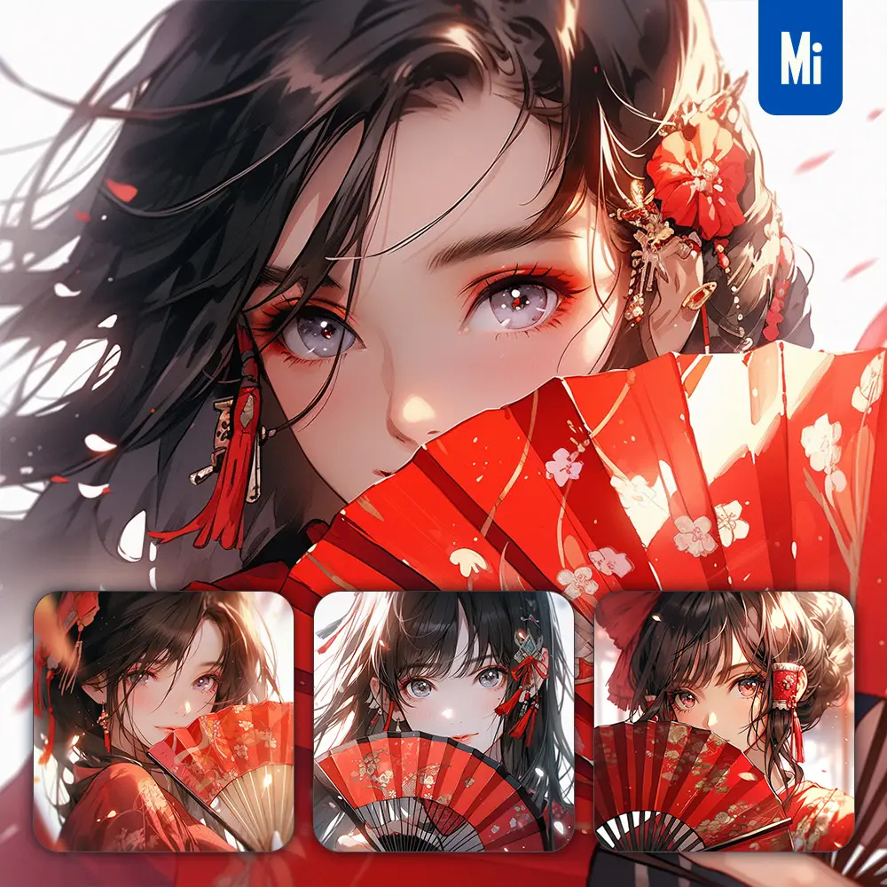 midjourney prompt red fan beautiful Asian woman girl lady face portrait animation cartoon painting