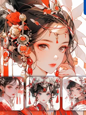 Midjourney Prompt Red Headgear Beautiful Woman Girl Lady Face Portrait Animation Cartoon Painting