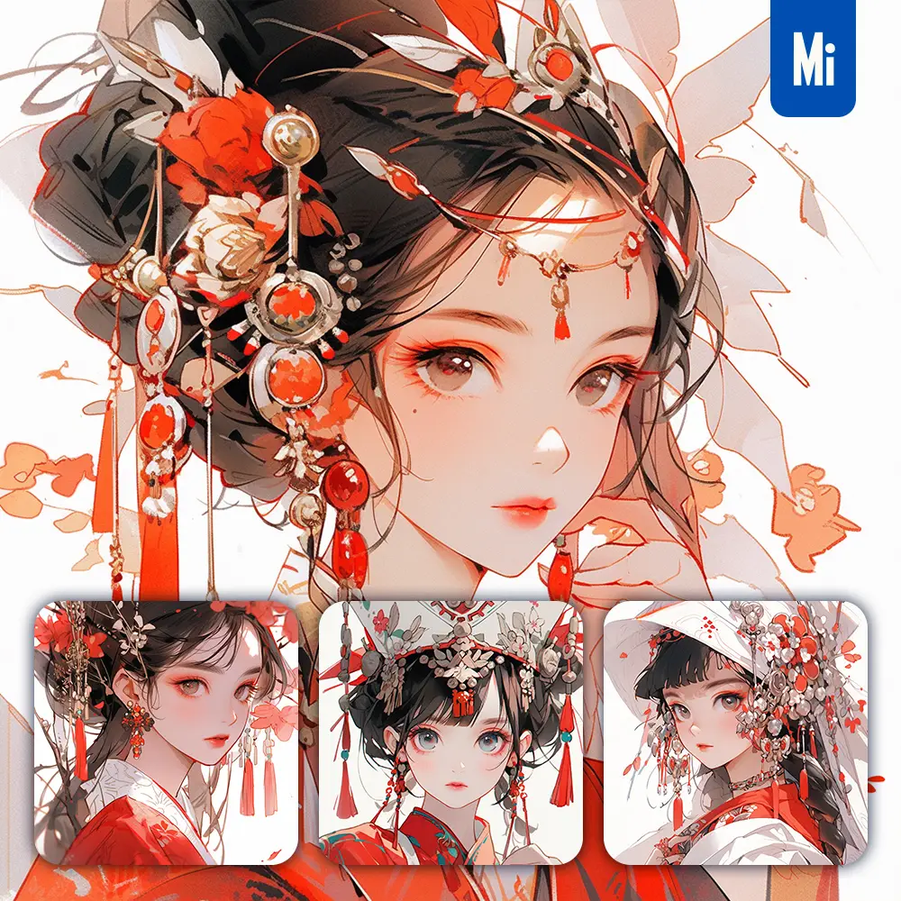 Midjourney Prompt Red Headgear Beautiful Woman Girl Lady Face Portrait Animation Cartoon Painting