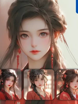Midjourney Prompt Red Traditional China Beautiful Asian Woman Girl Lady Face Portrait Animation Cartoon Painting