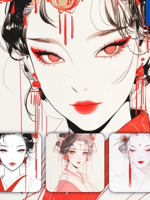 Midjourney Prompt Red Watercolor Headgear Beautiful Woman Girl Lady Face Portrait Animation Cartoon Painting