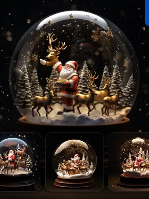 Midjourney Prompt Reindeer Deer Santa Claus Snow Tree Globe Glass Sphere Warm Christmas Winter