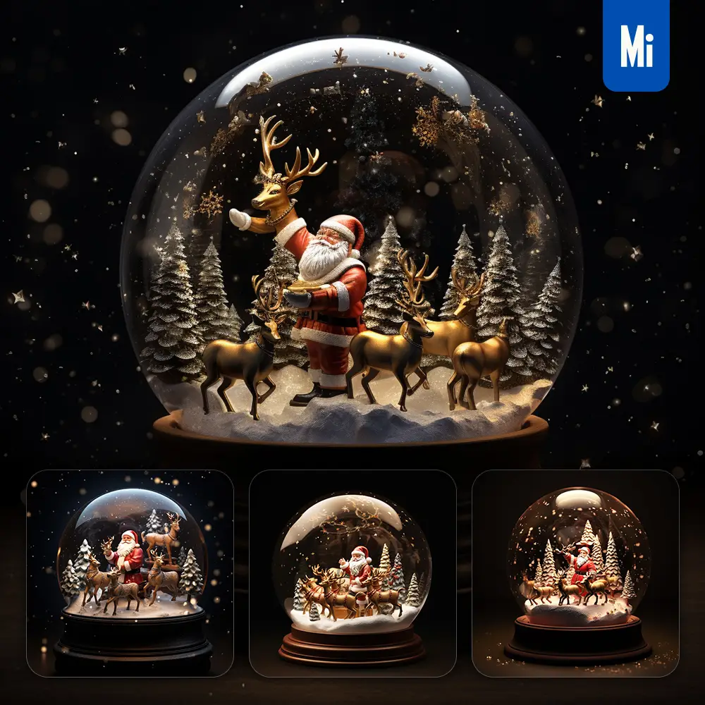 Midjourney Prompt Reindeer Deer Santa Claus Snow Tree Globe Glass Sphere Warm Christmas Winter