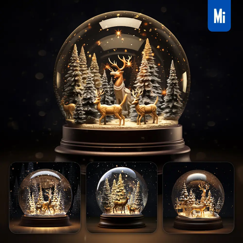 Midjourney Prompt Reindeer Deer Snow Christmas Tree Globe Glass Sphere Warm Winter