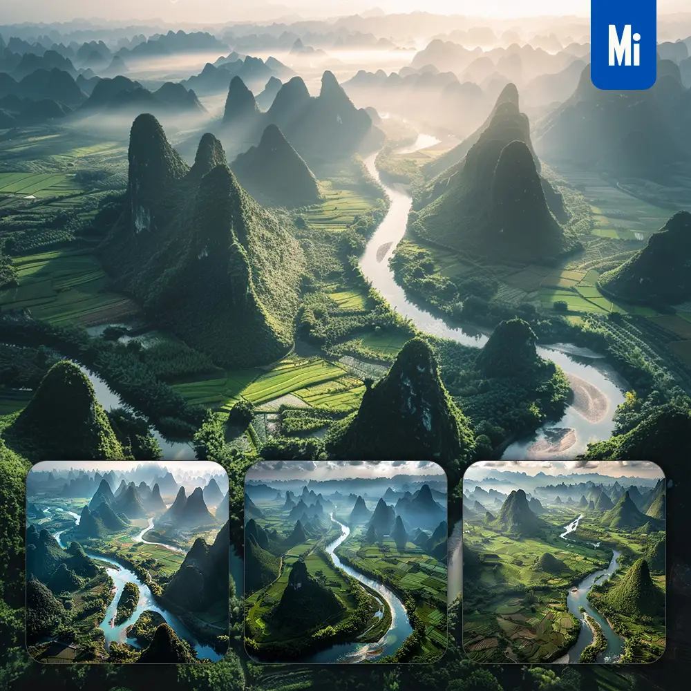 Midjourney Prompt River Hill Countryside Plain Field Sunshine Green Landscape Photography