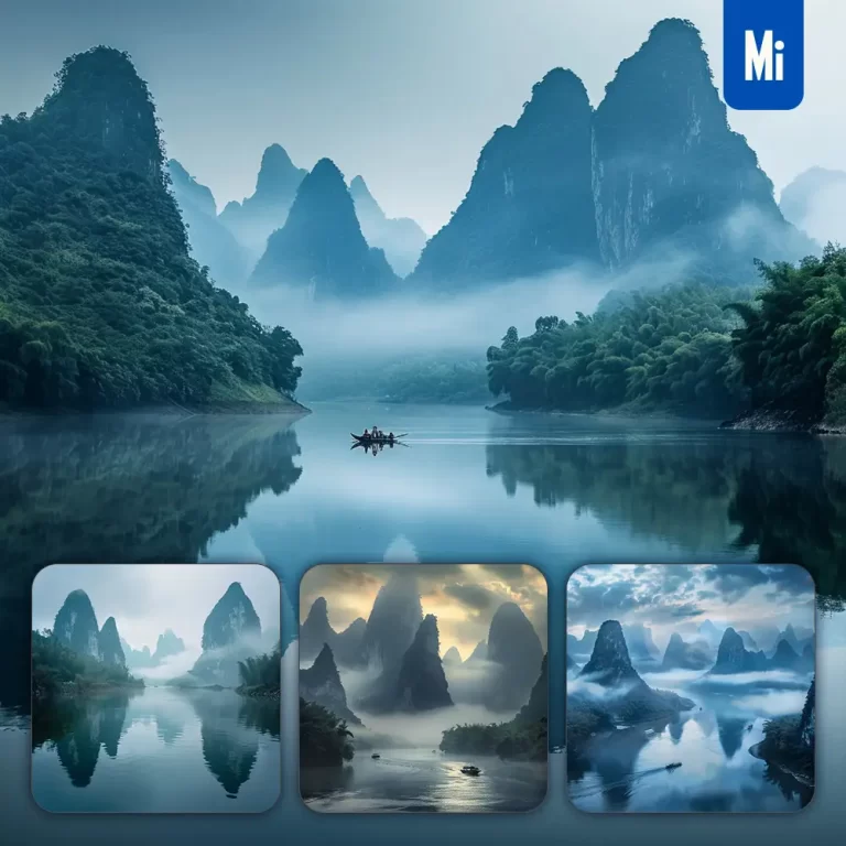 midjourney prompt river mountain lake water mist riverbank boat karst landscape photography