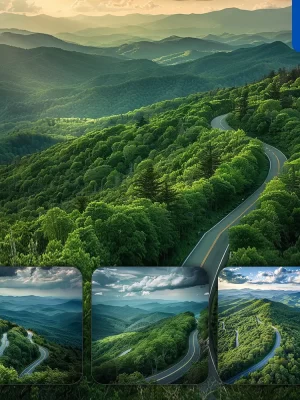 Midjourney Prompt Road Forest Way Mountain Bend Green Tree Vista Woods Landscape Photography