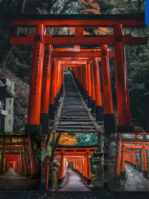 Midjourney Prompt Shrine Kyoto Wooded Mountainside Red Torii Gate Forest Landscape Photography