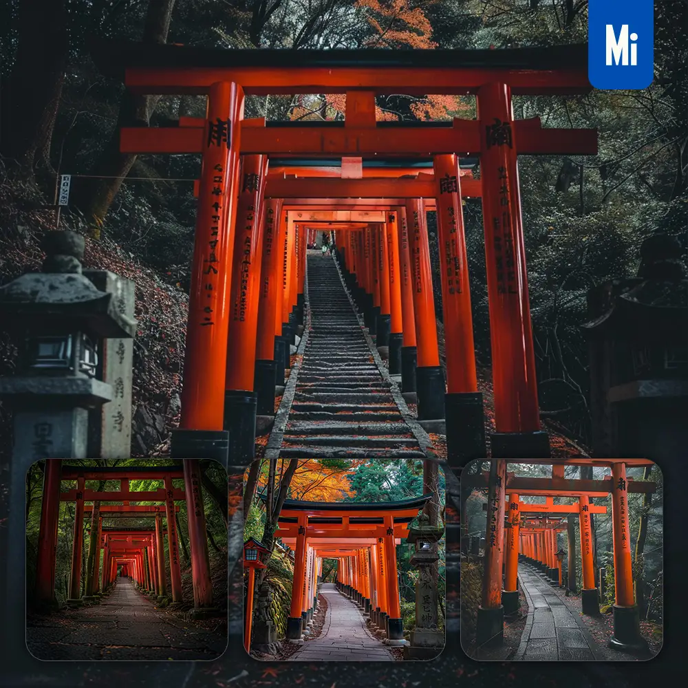 midjourney prompt shrine Kyoto wooded mountainside red torii gate forest landscape photography