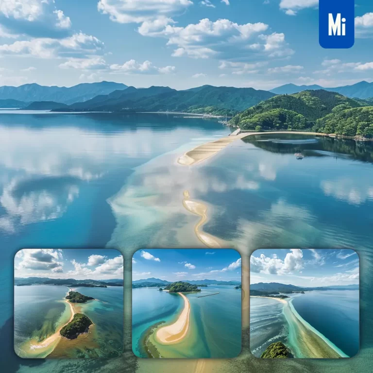 midjourney prompt sky blue sea lake water sandbar beach Miyazu Bay coast landscape photography