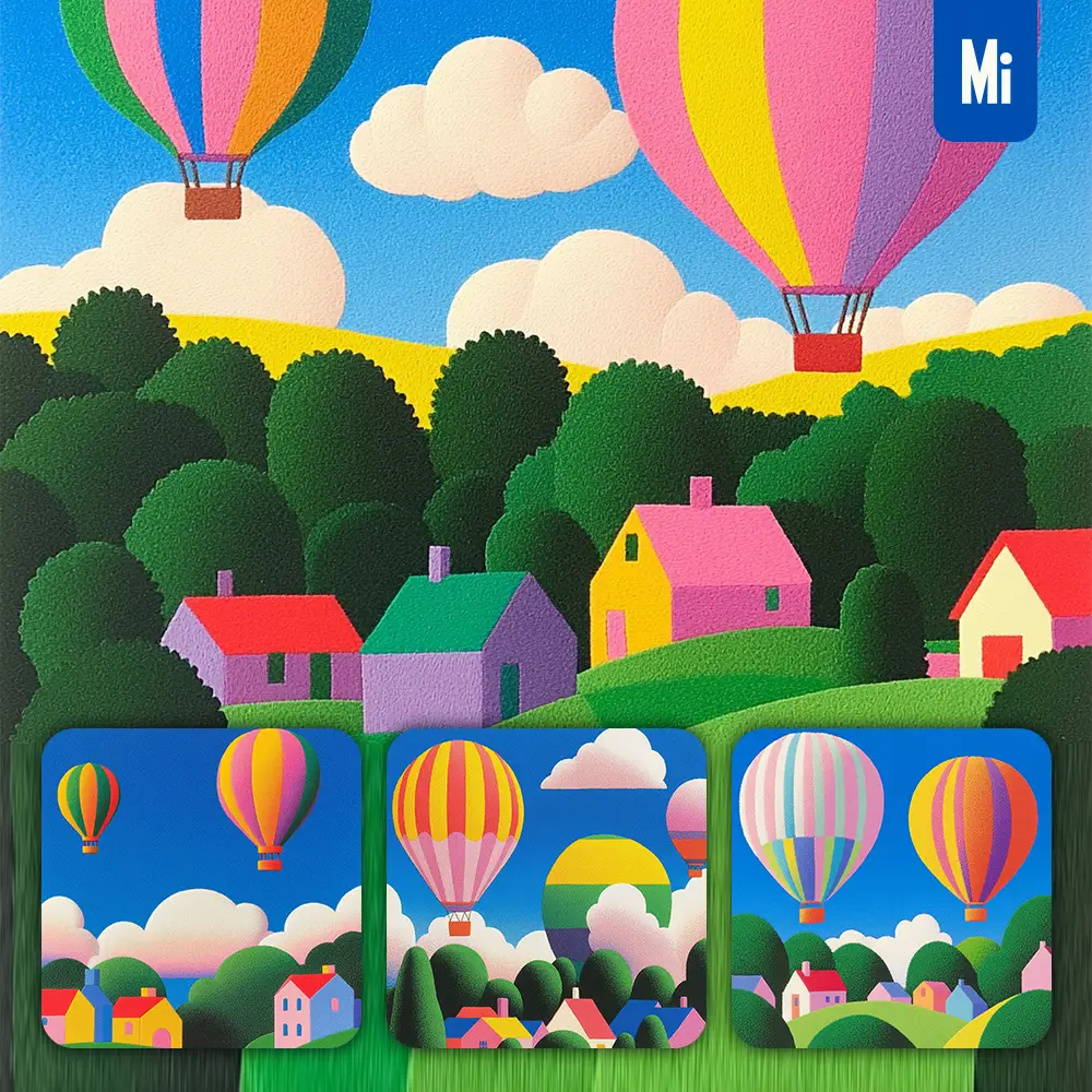 Midjourney Prompt Sky Hot Air Balloon Tree Painting Graphic Design Sunny Cloud House Colorful Landscape Photography