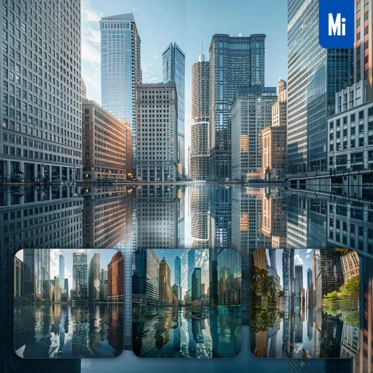 midjourney prompt skyscraper water city building Chicago lake tower landscape photography