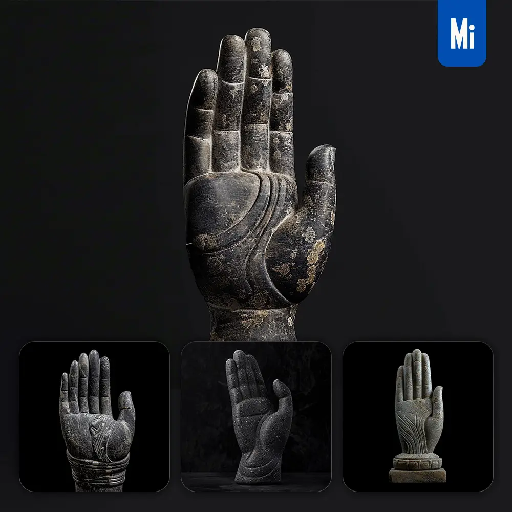 midjourney prompt stone hand palm smooth Buddha photography
